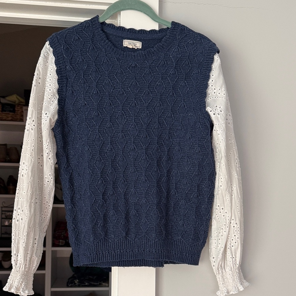 Navy Fatface Crewneck Sweater with White Eyelet Sleeves